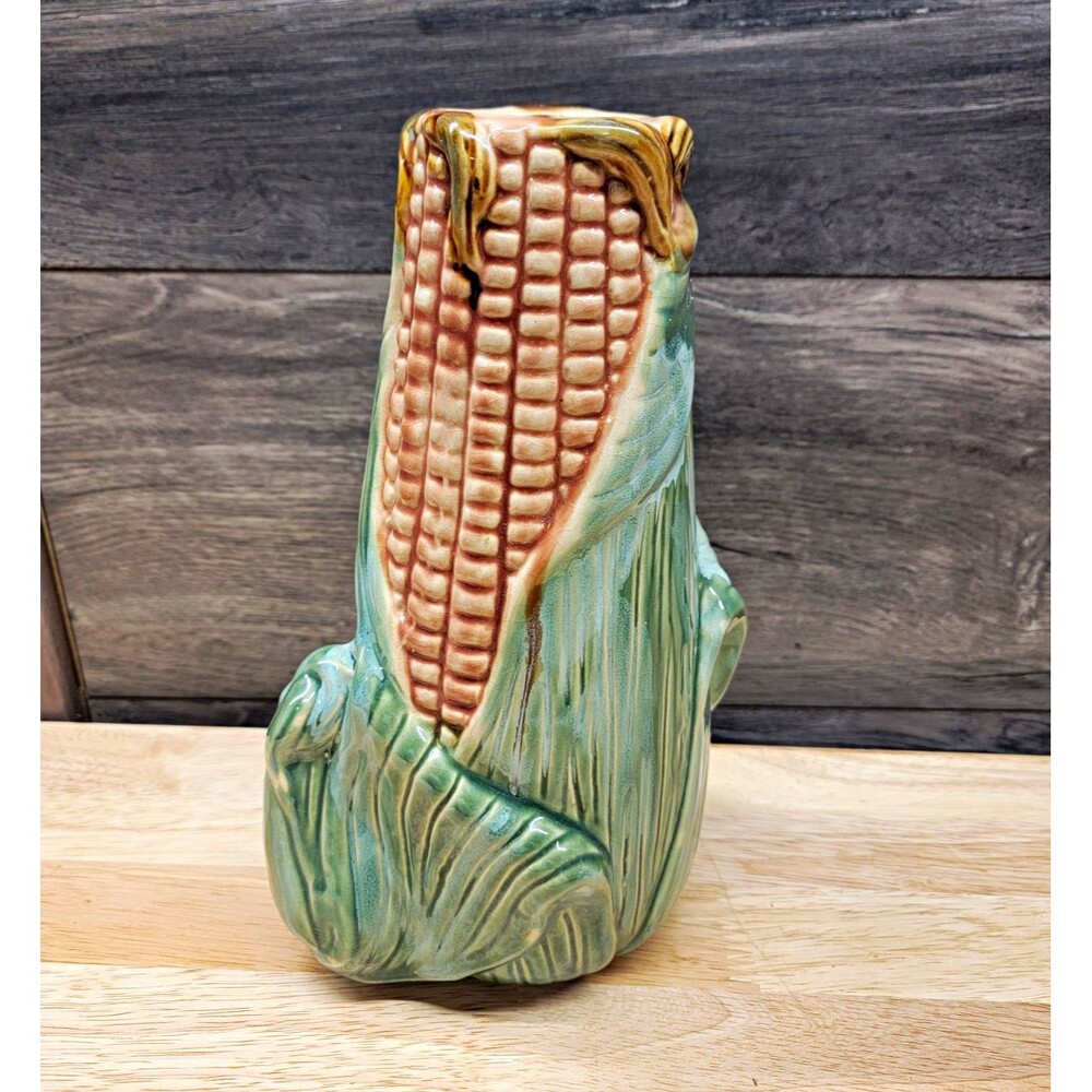 Ceramic Corn Cob Vase Glossy Green Brown Pink Food & Drink Theme 10 in